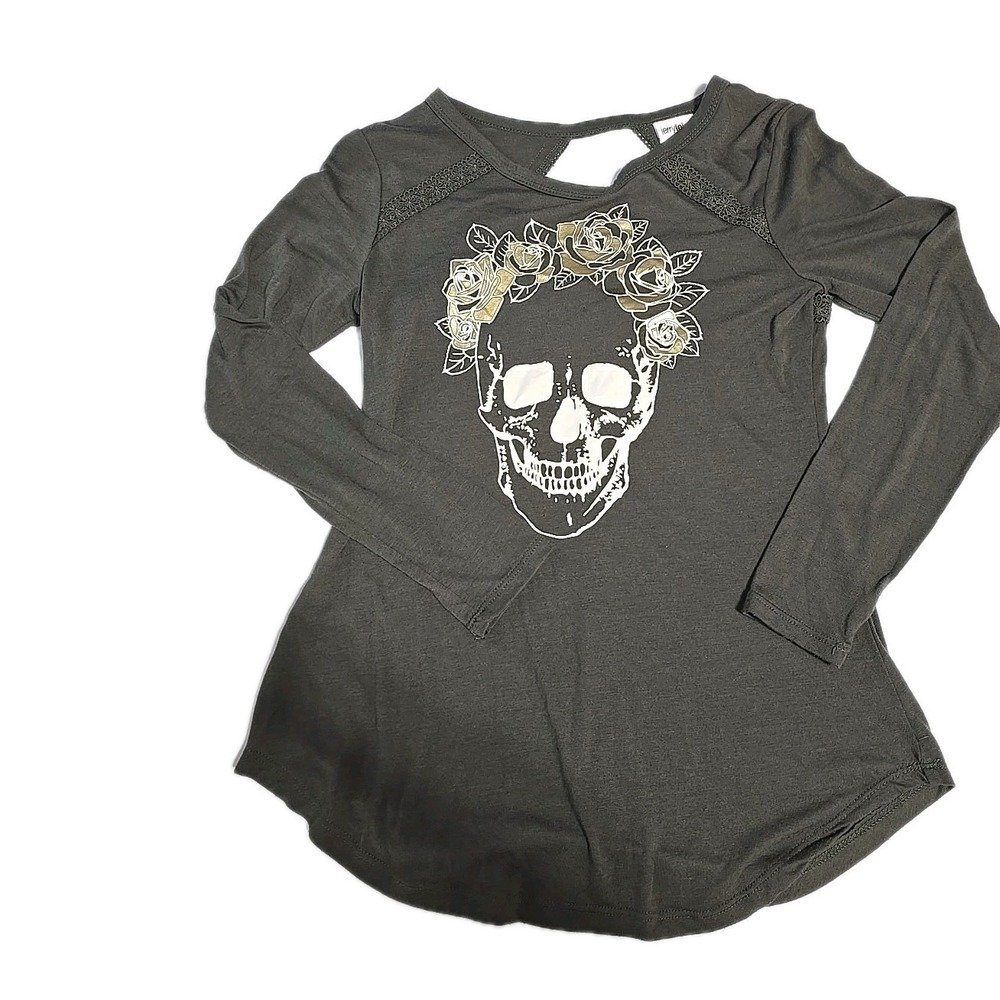 Jerry Leigh Women's Small Hunter‎ Green Skull FLORAL Shirt Top Lace Keyhole Back